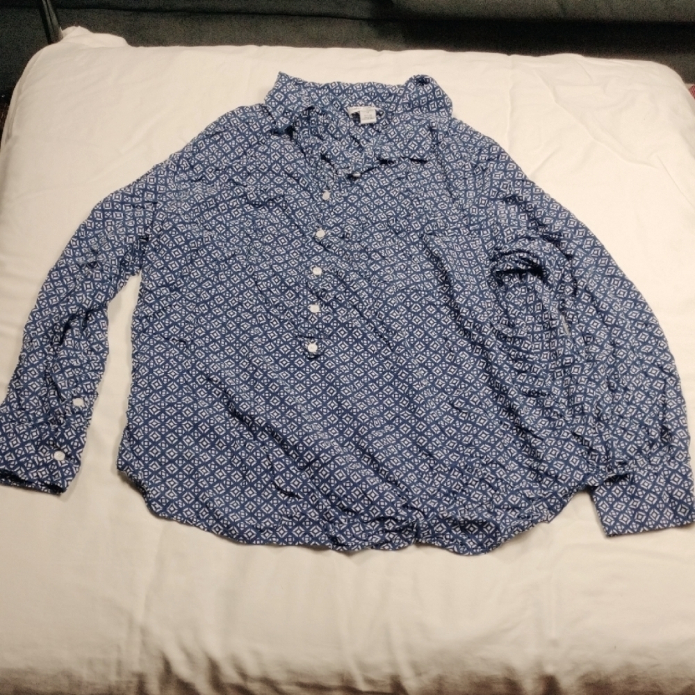 Dalia Collection Navy and White Womens Geometric Shirt Shirt Size 1X